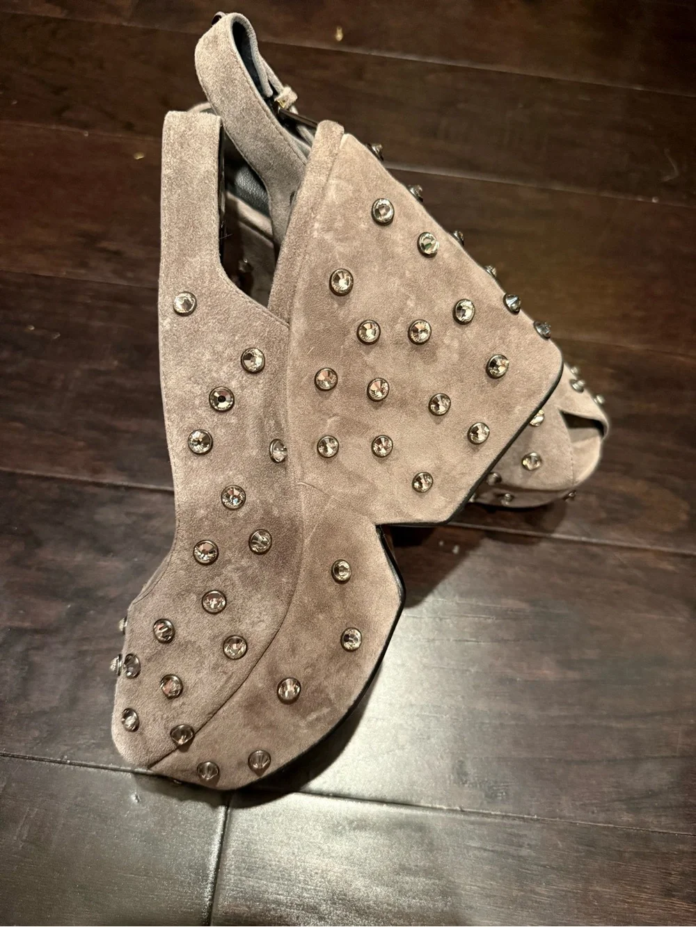 Robert Clergerie Gray Suede Studded Platform Slingbacks